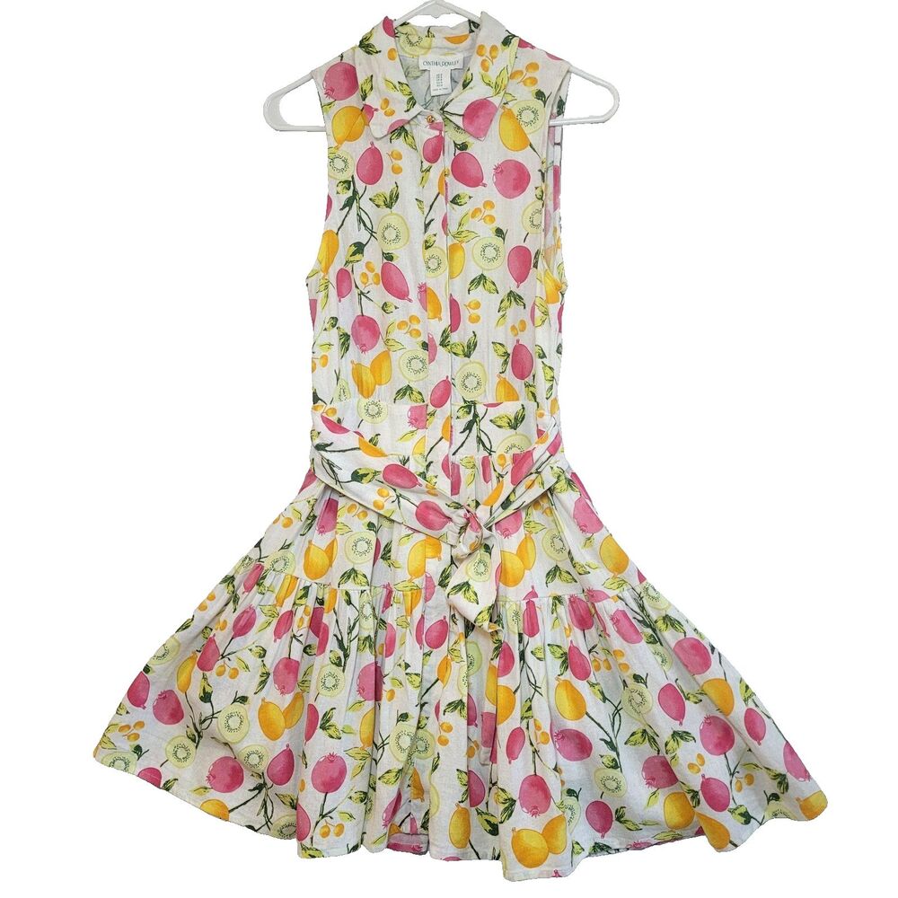 Cynthia Rowley Linen Blend Tiered Button Belted Dress Lined-Skirt Fruits Sz 4